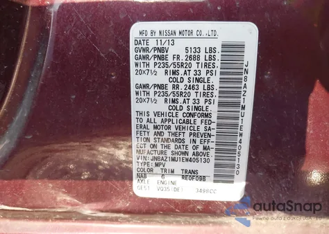 2014 Nissan Murano Le z USA, uszkodzony, nr VIN JN8AZ1MU1EW405130